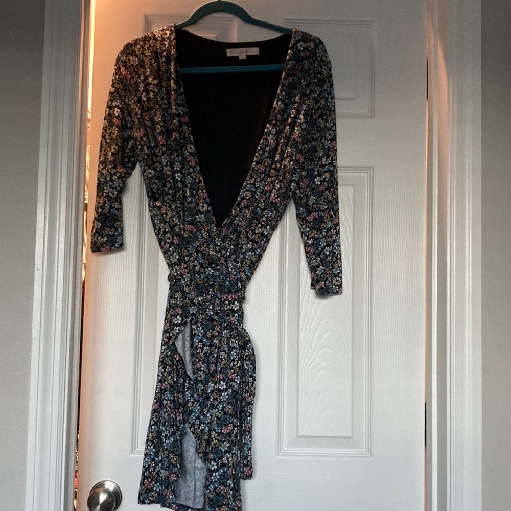 LOFT Floral Wrap Dress in Black with Pink, Blue and Green Accents